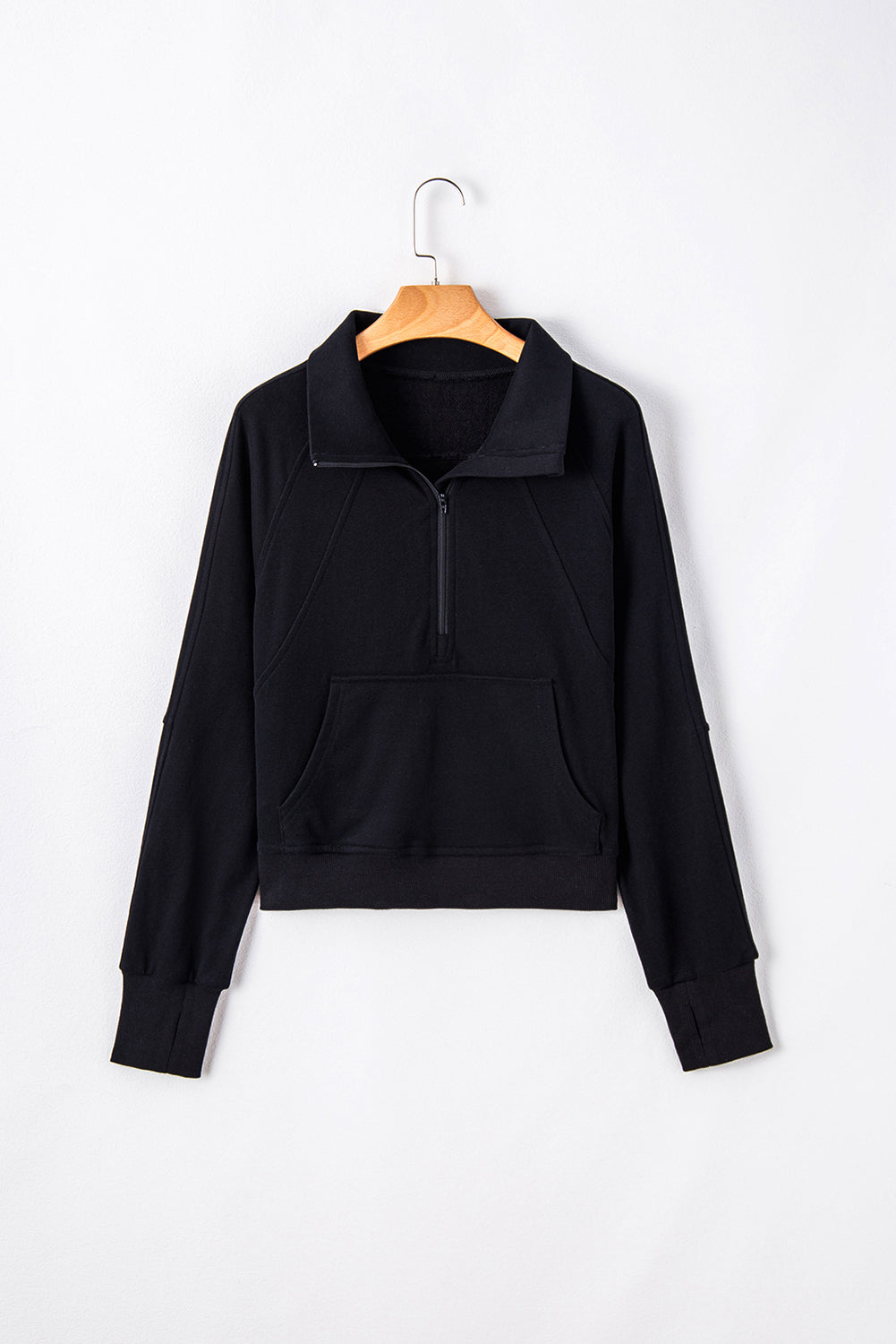 Quarter Zip Stand Neck Kangaroo Pocket Sweatshirt | Black