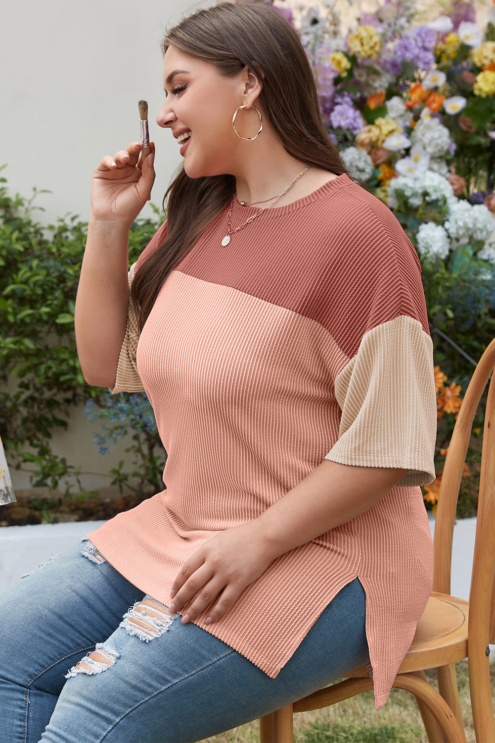 Plus Size Ribbed Colourblock T-Shirt | Rose Pink