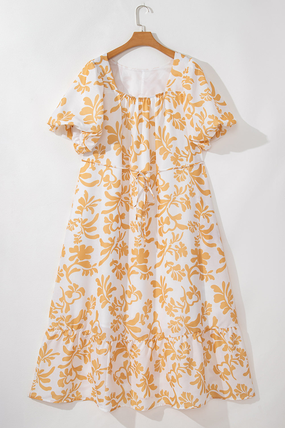 Floral Print Puff Short Sleeve Resort Plus Size Maxi Dress | Apricot