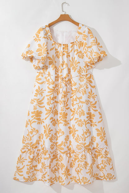 Floral Print Puff Short Sleeve Resort Plus Size Maxi Dress | Apricot