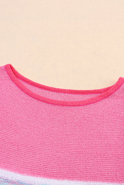 Colour Block Striped Three-Quarter Sleeve Knitted Top | Pink