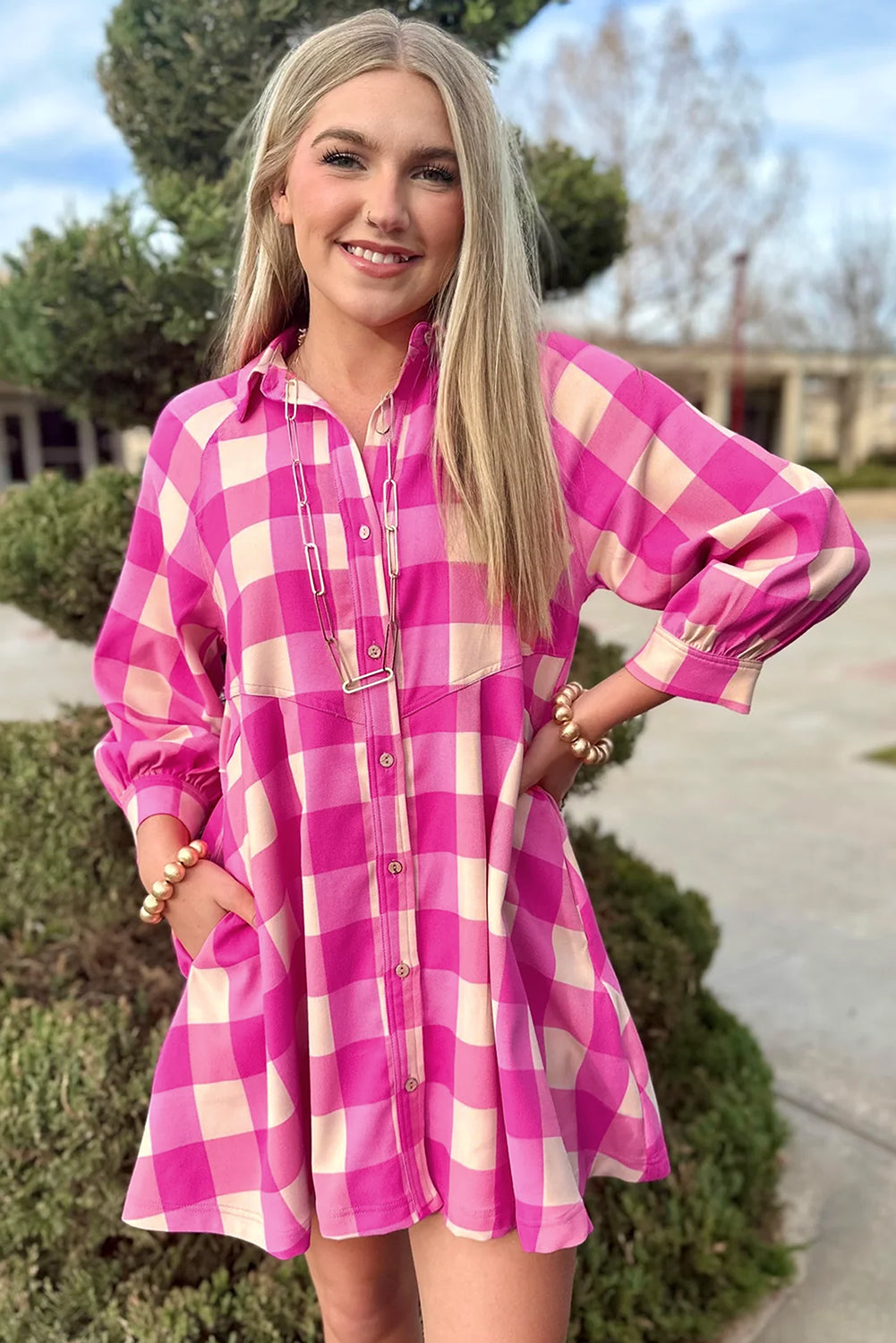 Plaid Collared Bracelet Sleeve Shirt Flare Mini Dress | Rose Red