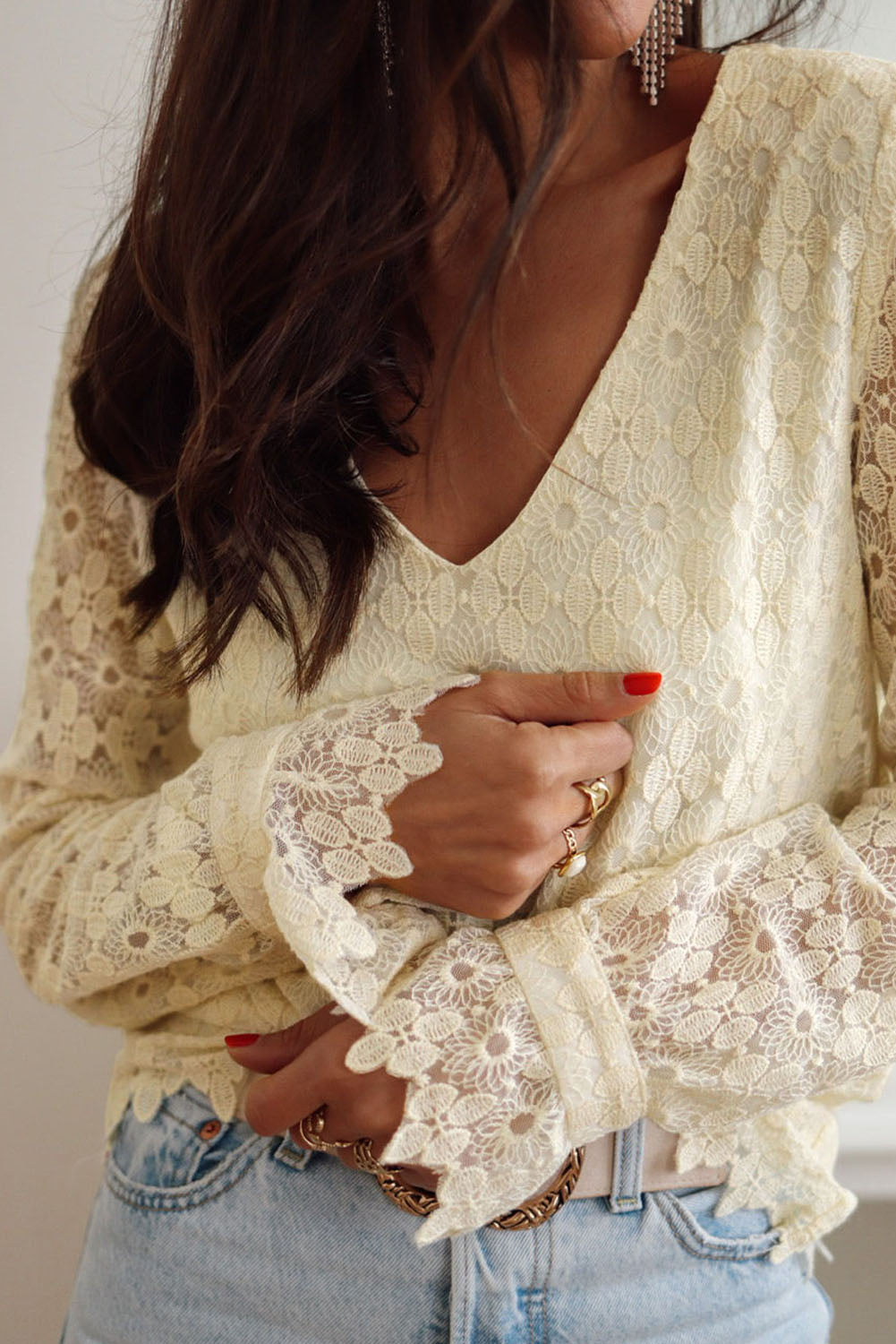 Floret Lace V Neck Long Sleeve Blouse | Beige