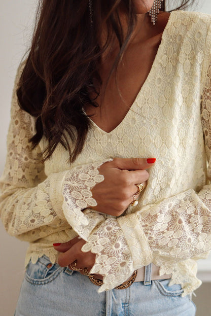 Floret Lace V Neck Long Sleeve Blouse | Beige