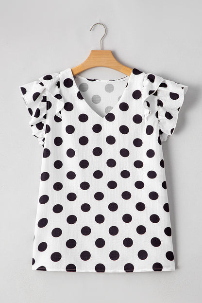 Polka Dot Print Ruffled Sleeve V Neck Blouse | White