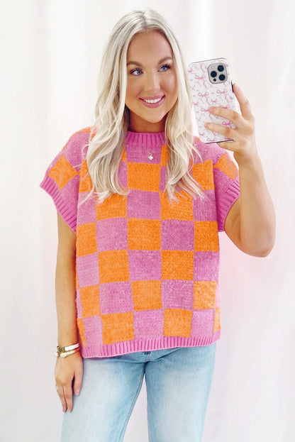 Colourblock Plaid Pattern Ribbed Trim Sweater Tank Top | Strawberry Pink