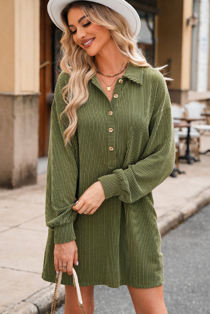 Corded Buttons Placket Drop Shoulder Collared Shift Dress | Moss Green