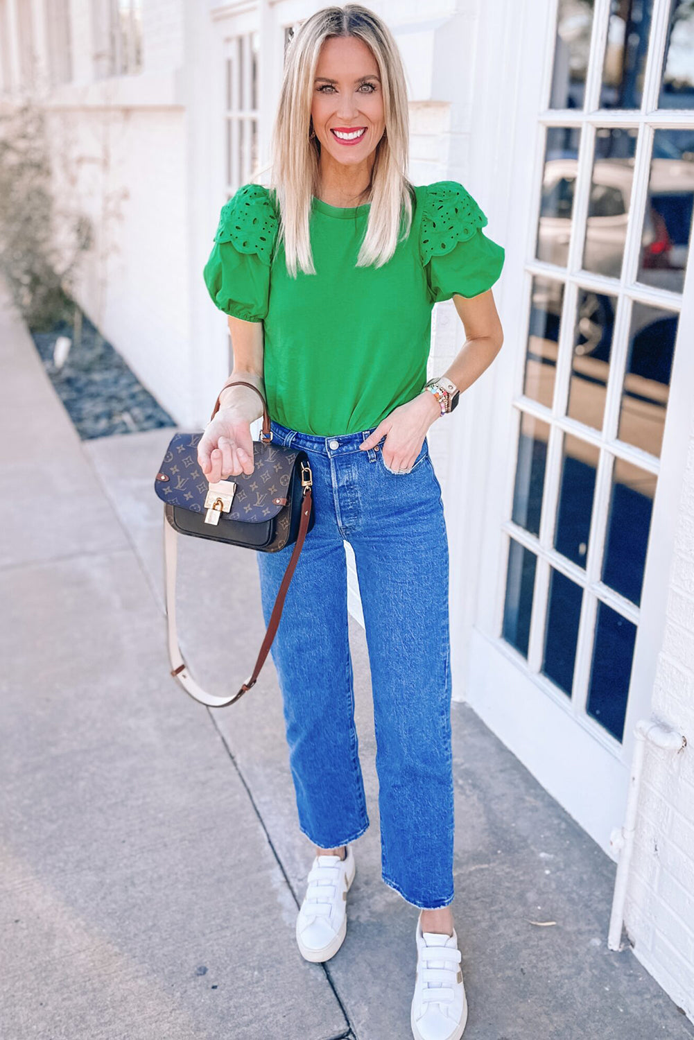 Anglaise Embroidered Puff Short Sleeve Top | Bright Green