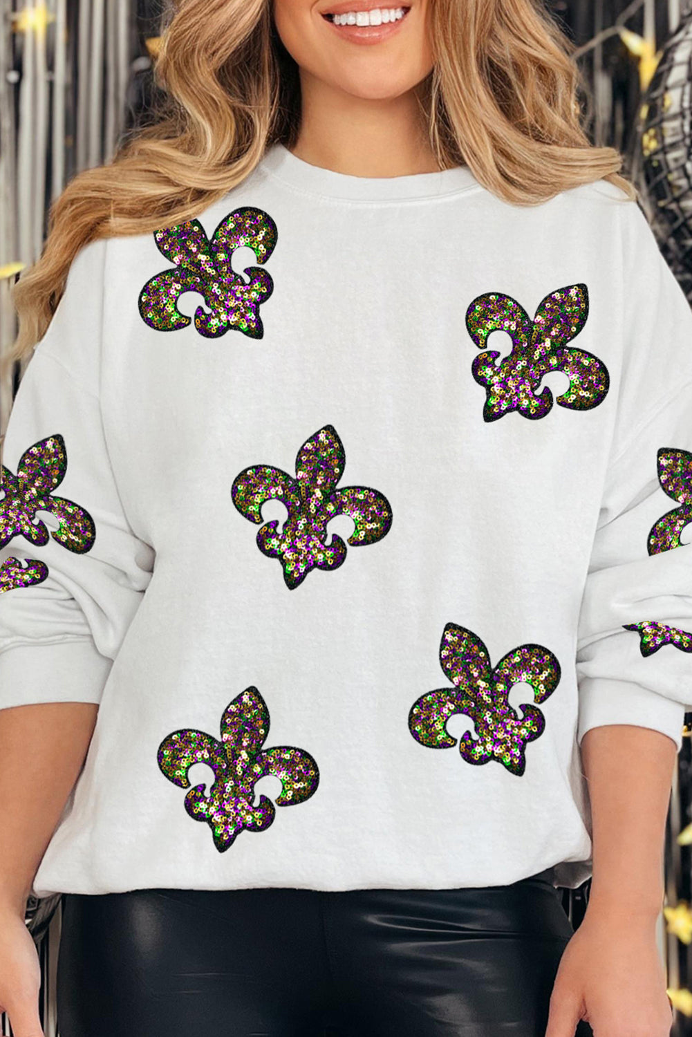 White Sequined Fleur De Lis Drop Shoulder Sweatshirt