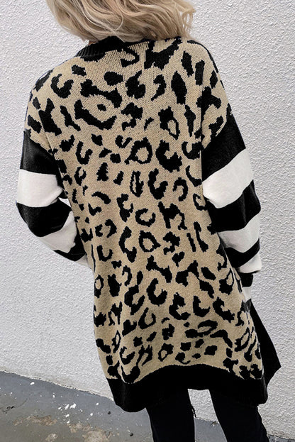 Stripe Sleeve Leopard Print Open Front Cardigan With Pockets | Black