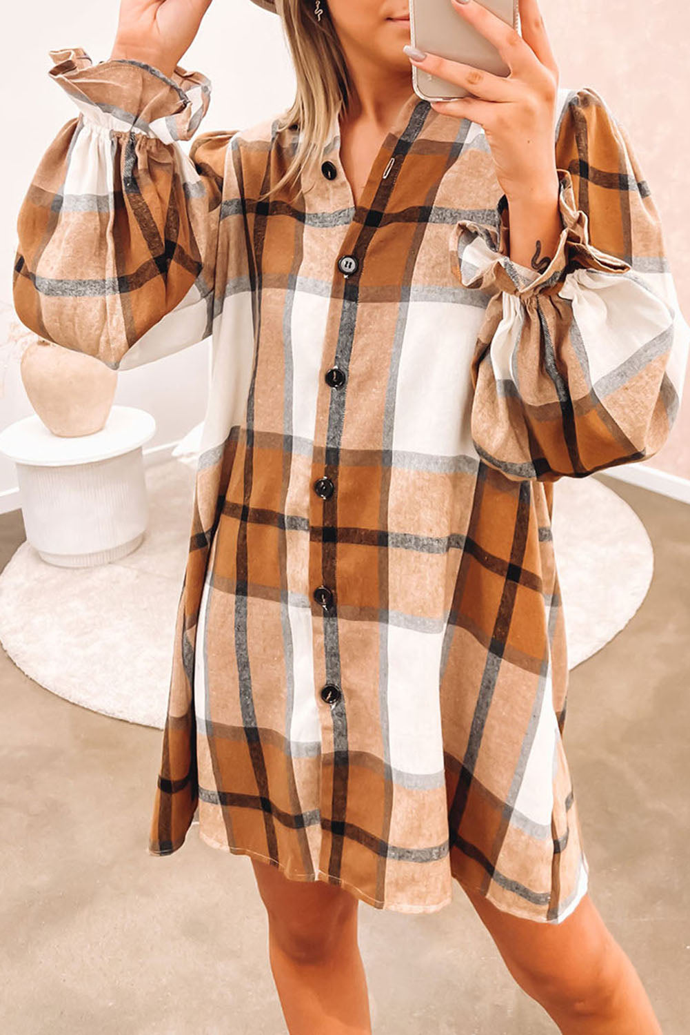 Plaid Pattern Collared Neck Ruffled Sleeve Shirt Dress | Khaki