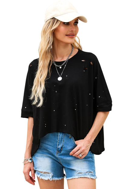 Distressed Bleached Asymmetric Hem Short Sleeve Top | Black