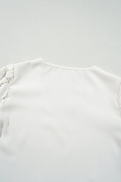 Scalloped V Neckline Lace Hollowed Lantern Sleeve Blouse | White