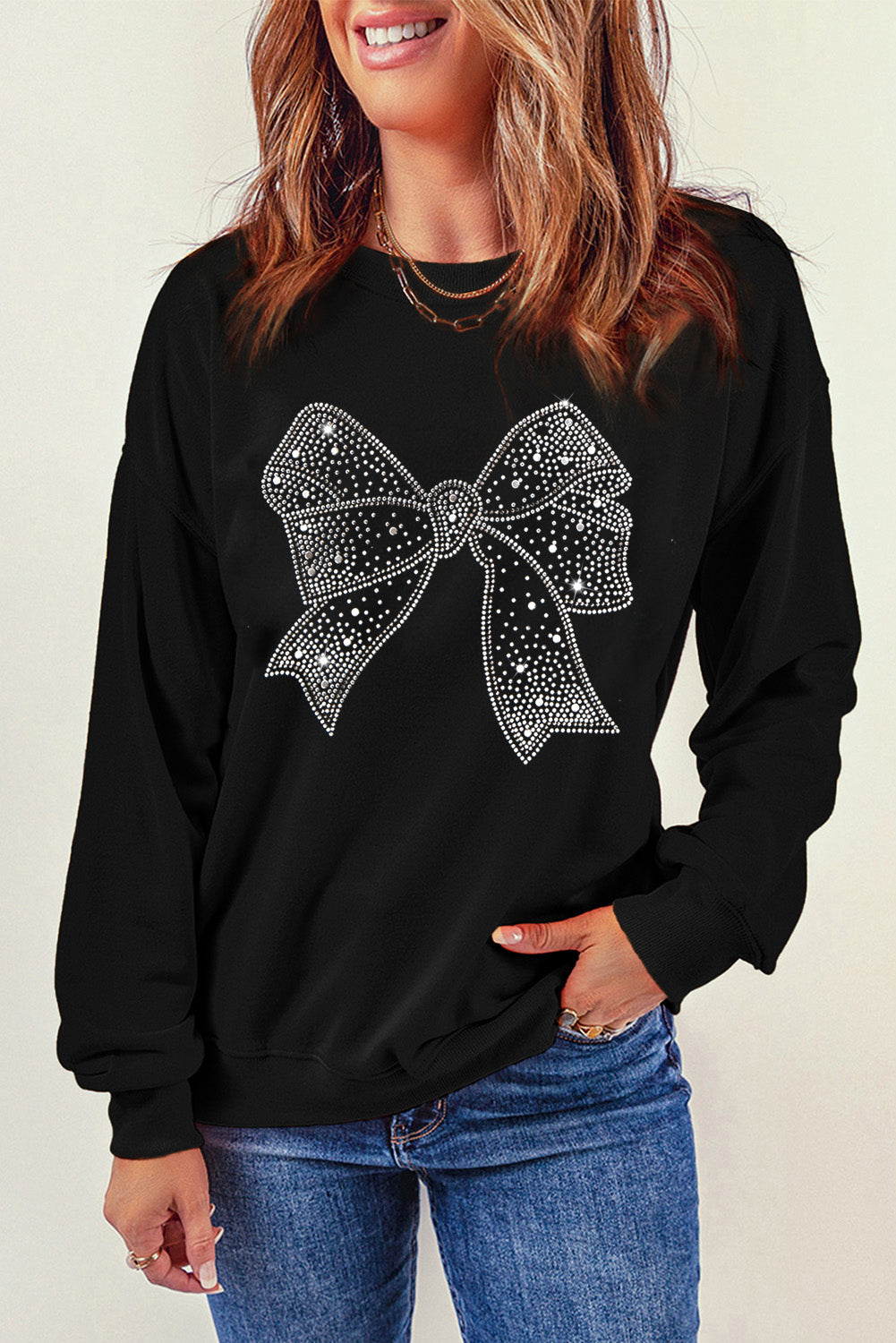 Rhinestone Bowknot Graphic Crewneck Pullover Sweatshirt | Black