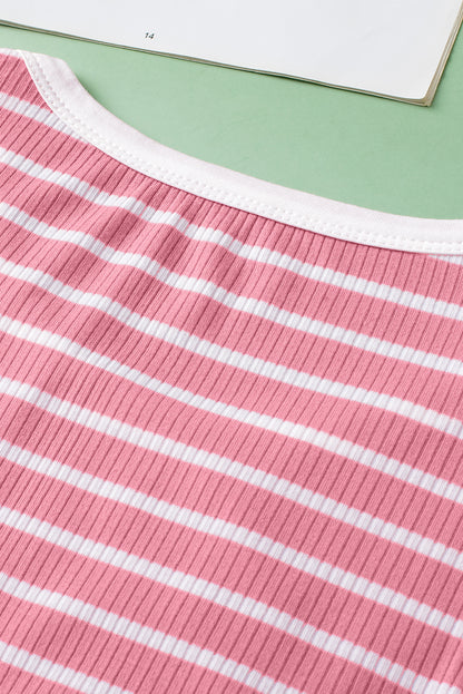 Contrast Round Neck Sleeveless Slim Top | Pink Stripe