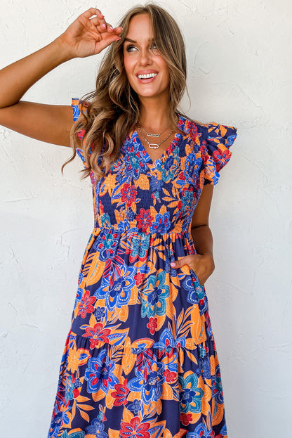 Boho Floral V Neck Ruffle Tiered Long Dress | Dark Blue