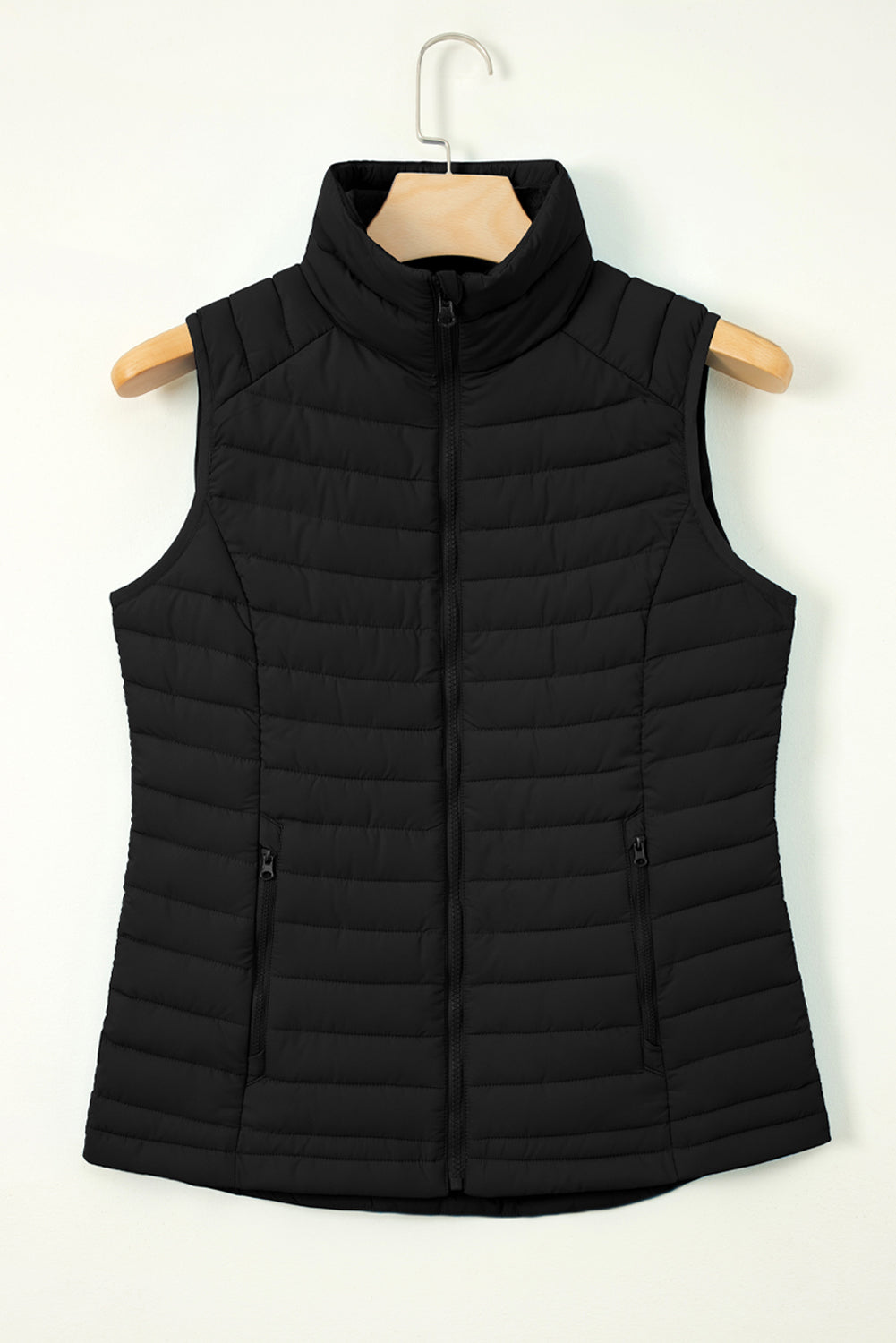 Plush Collared Quilted Zipped Puffer Vest | Black