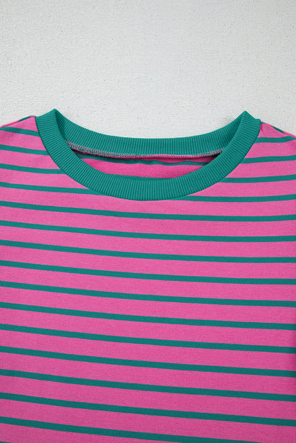 Colourblock Ruffled Sleeve Crew Neck Blouse | Pink Stripe