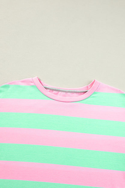 Colourblock Cuffed Sleeve Loose Tee | Pink Stripe