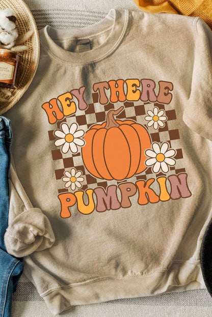 Floral Checkered Pumpkin Graphic Drop Shoulder Thanksgiving Sweatshirt | Khaki