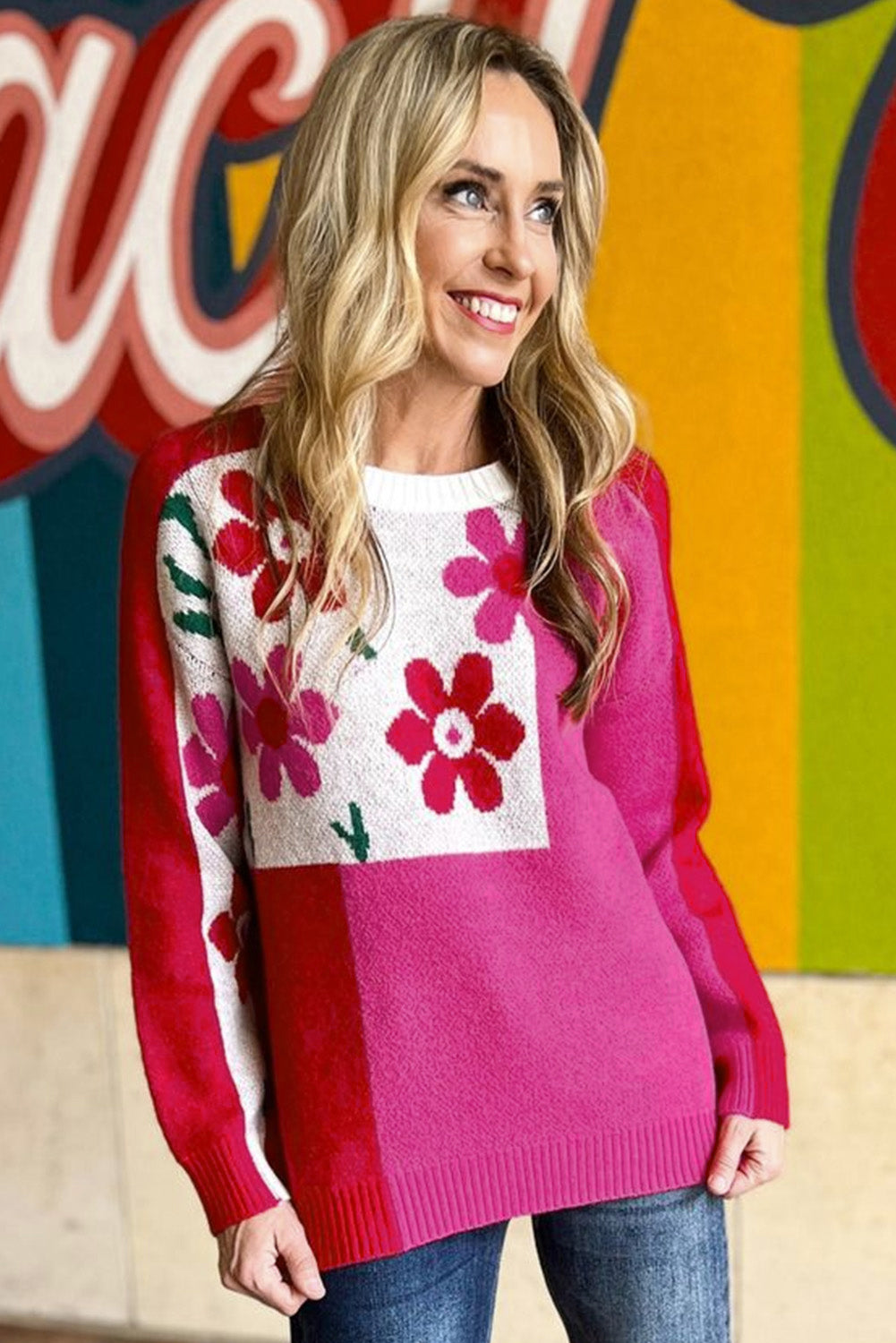 Floral Mixed Colour Block Sweater | Rose Red