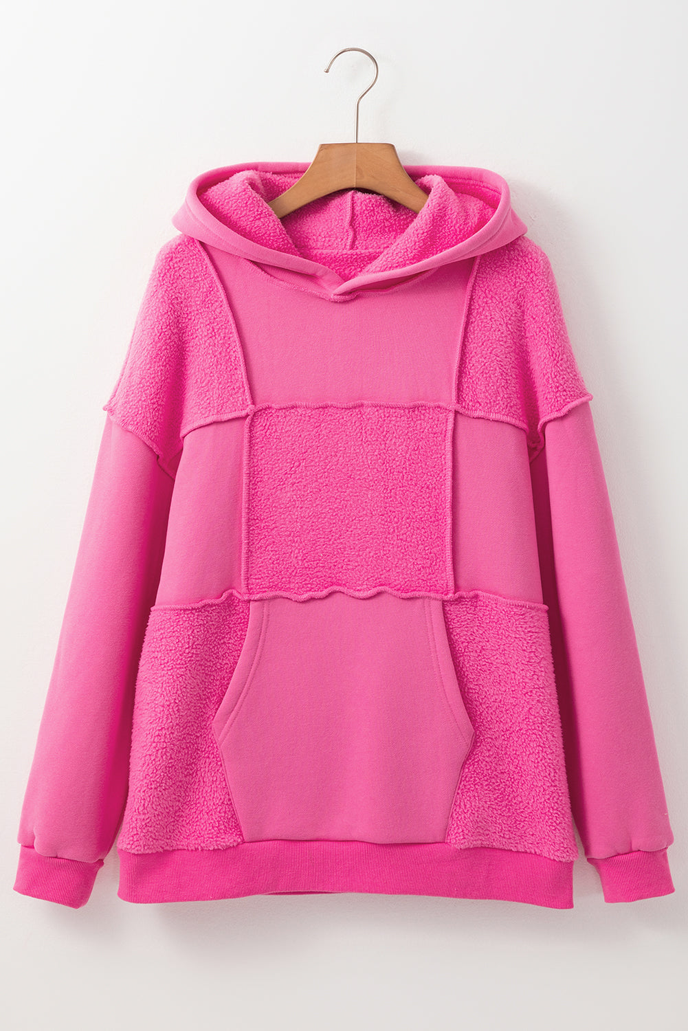 Mineral Wash Terry Patchwork Drawstring Hoodie | Pitaya Pink