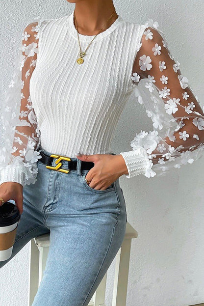 Floral Applique Mesh Sleeves Textured Knit Blouse | White