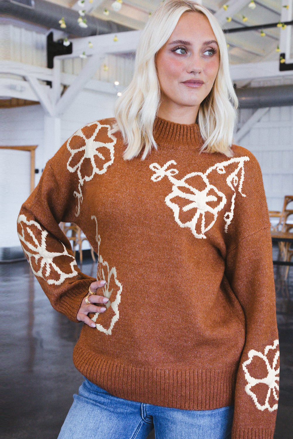 Floral Print Ribbed Trim Knitted Sweater | Chestnut