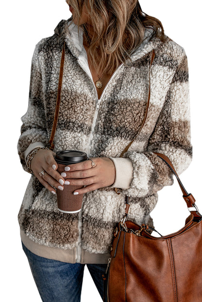 Plaid Print Zipper Fleece Hooded Coat | Khaki