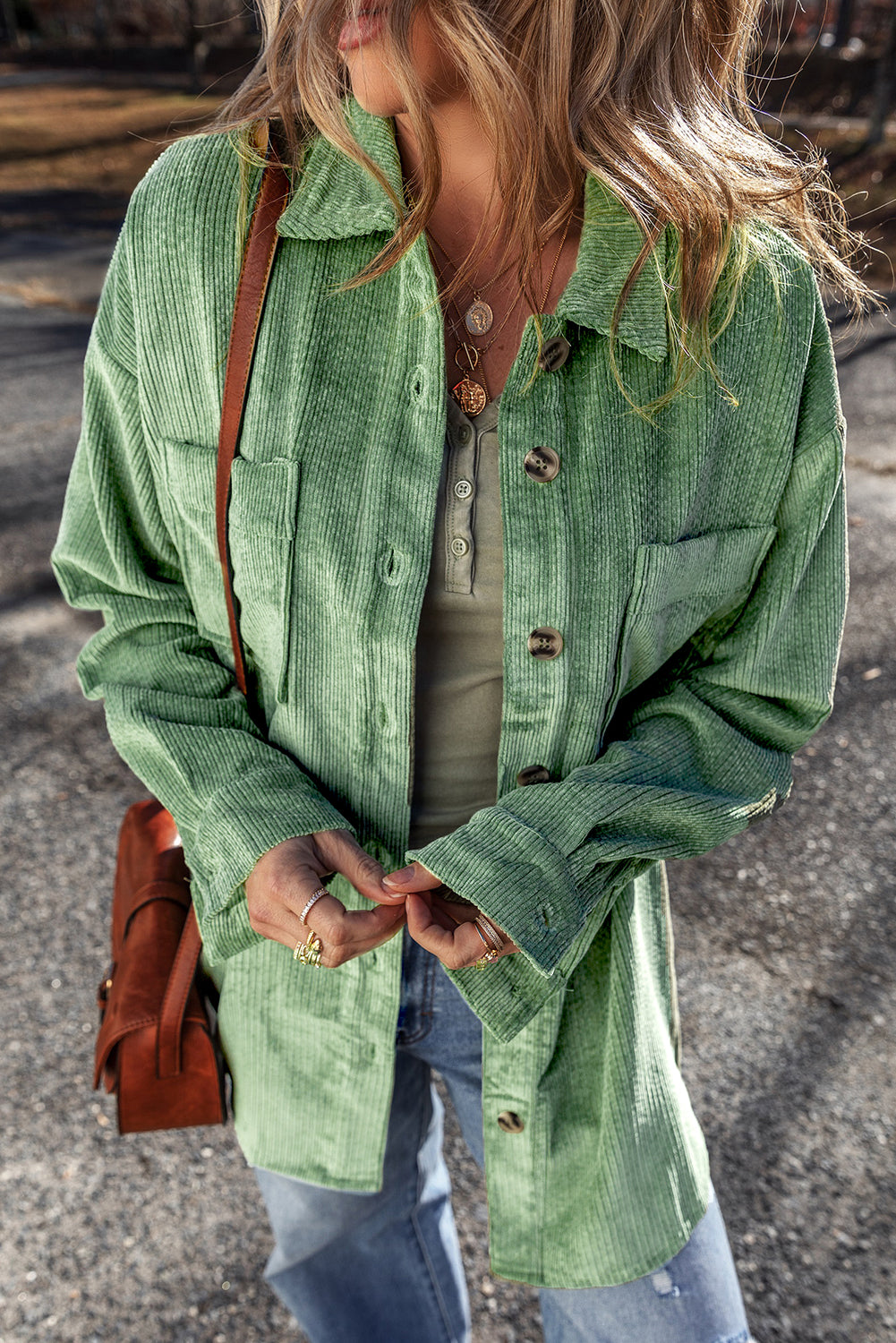 Patched Pocket Button Up Corduroy Shacket | Mist Green