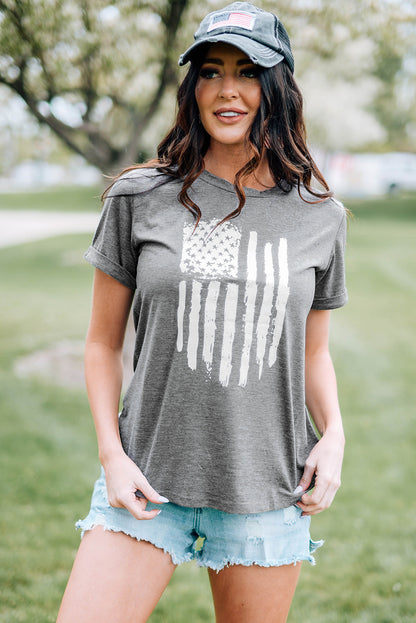 America Flag Print Crewneck T-Shirt | Gray