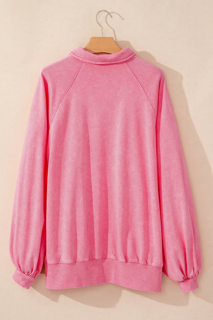 Solid Snap Buttons Collared Balloon Sleeve Oversized Sweatshirt | Pink