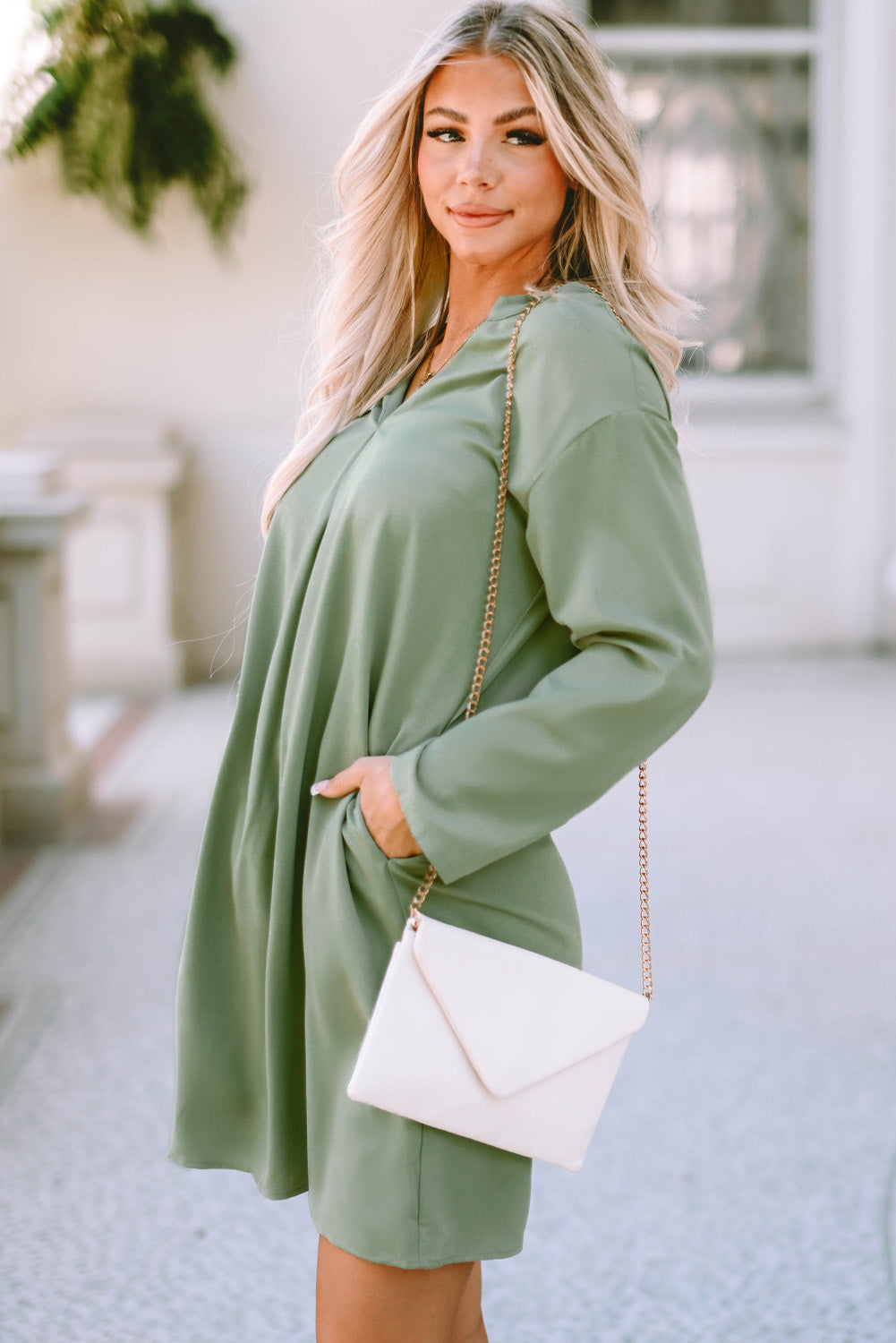 Roll-Tab Sleeve Flowy Casual Dress | Green