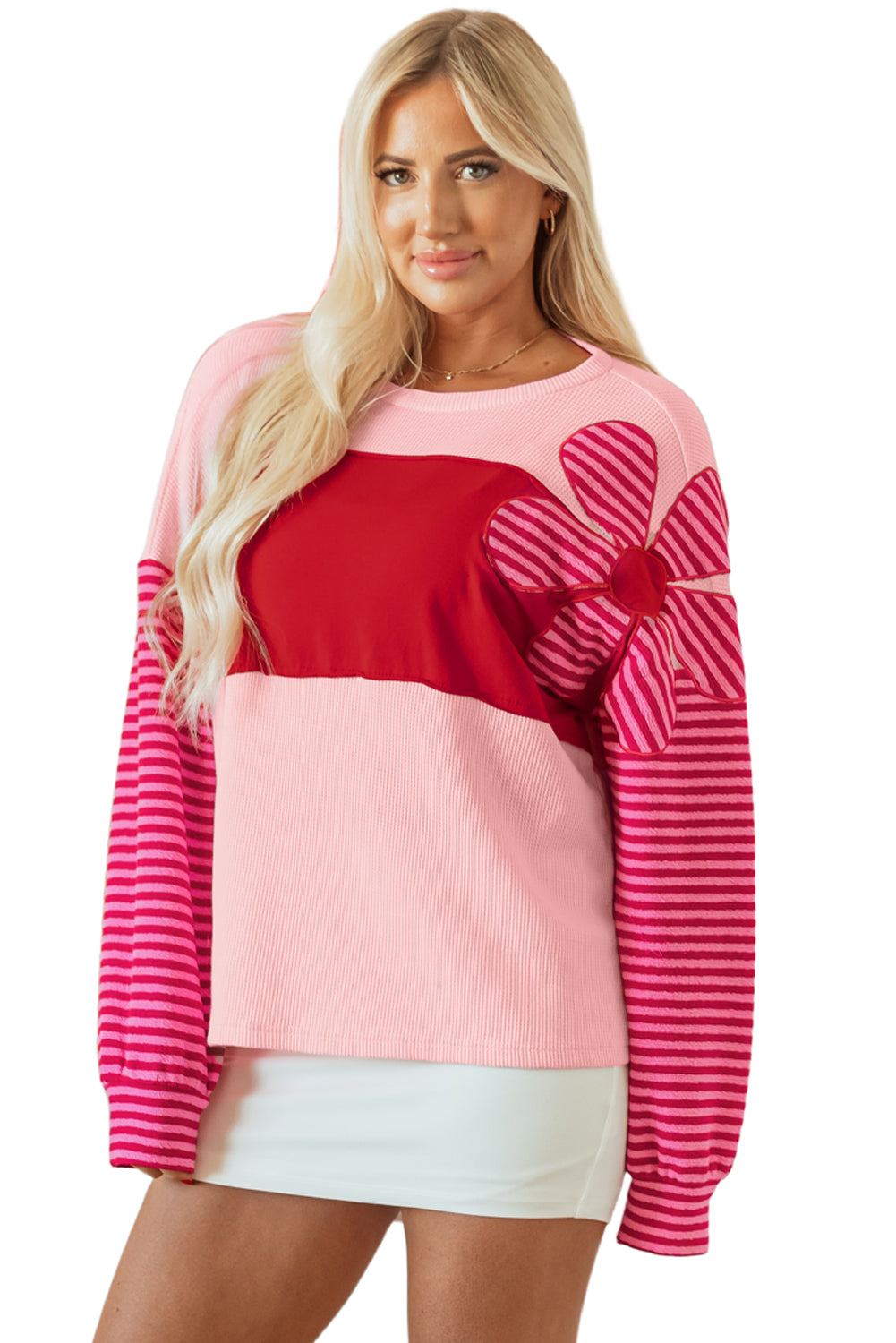 Floral Patch Colour Block Striped Sleeve Textured Top | Pink