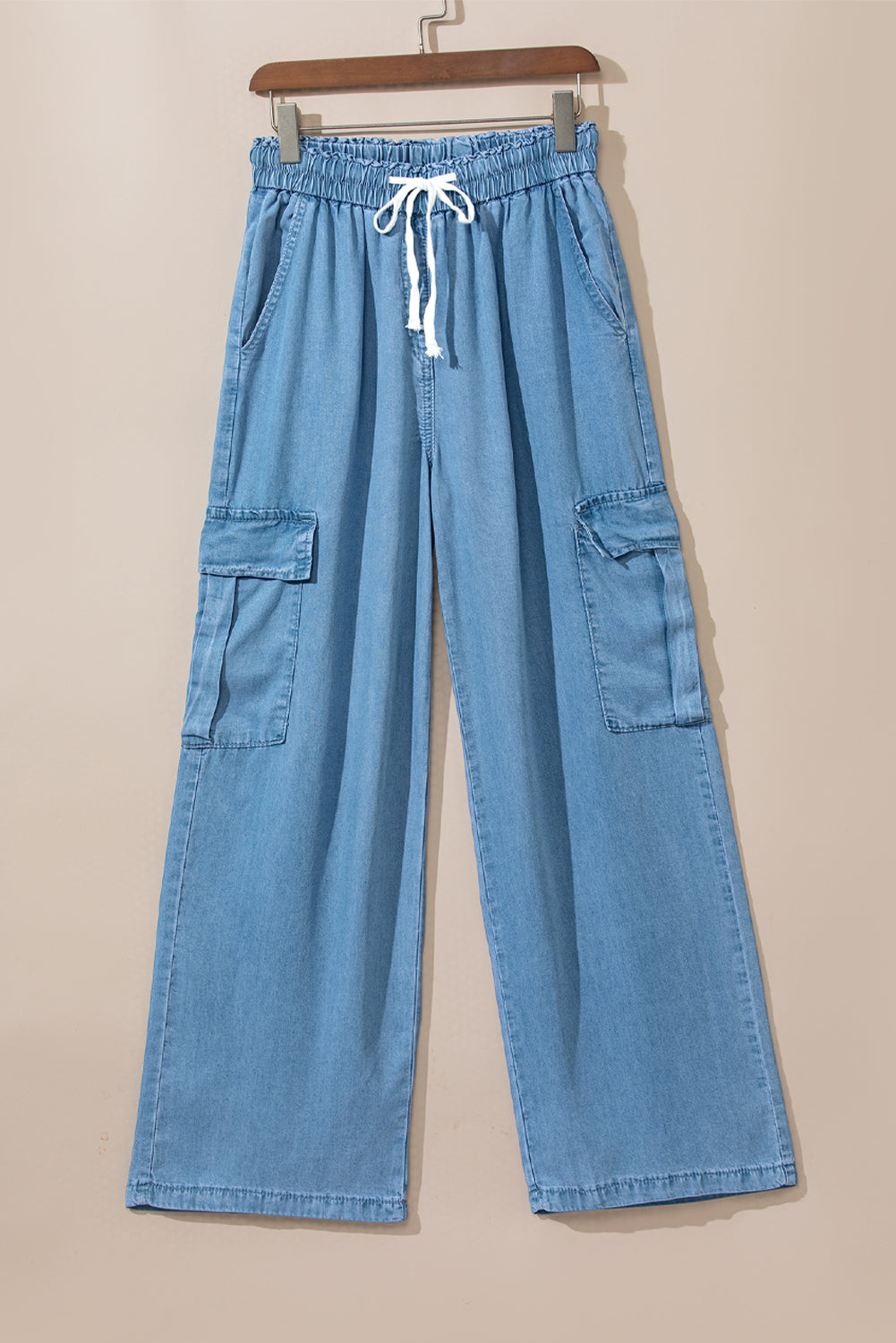 Drawstring High Waist Cargo Pocket Wide Leg Jeans | Sky Blue