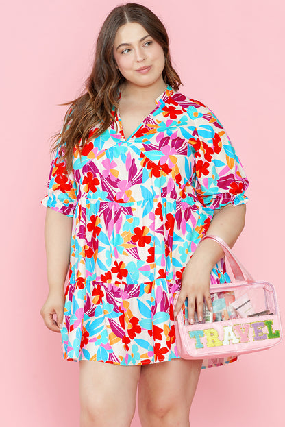 Floral Tiered V Neck Plus Dress | Multicolour