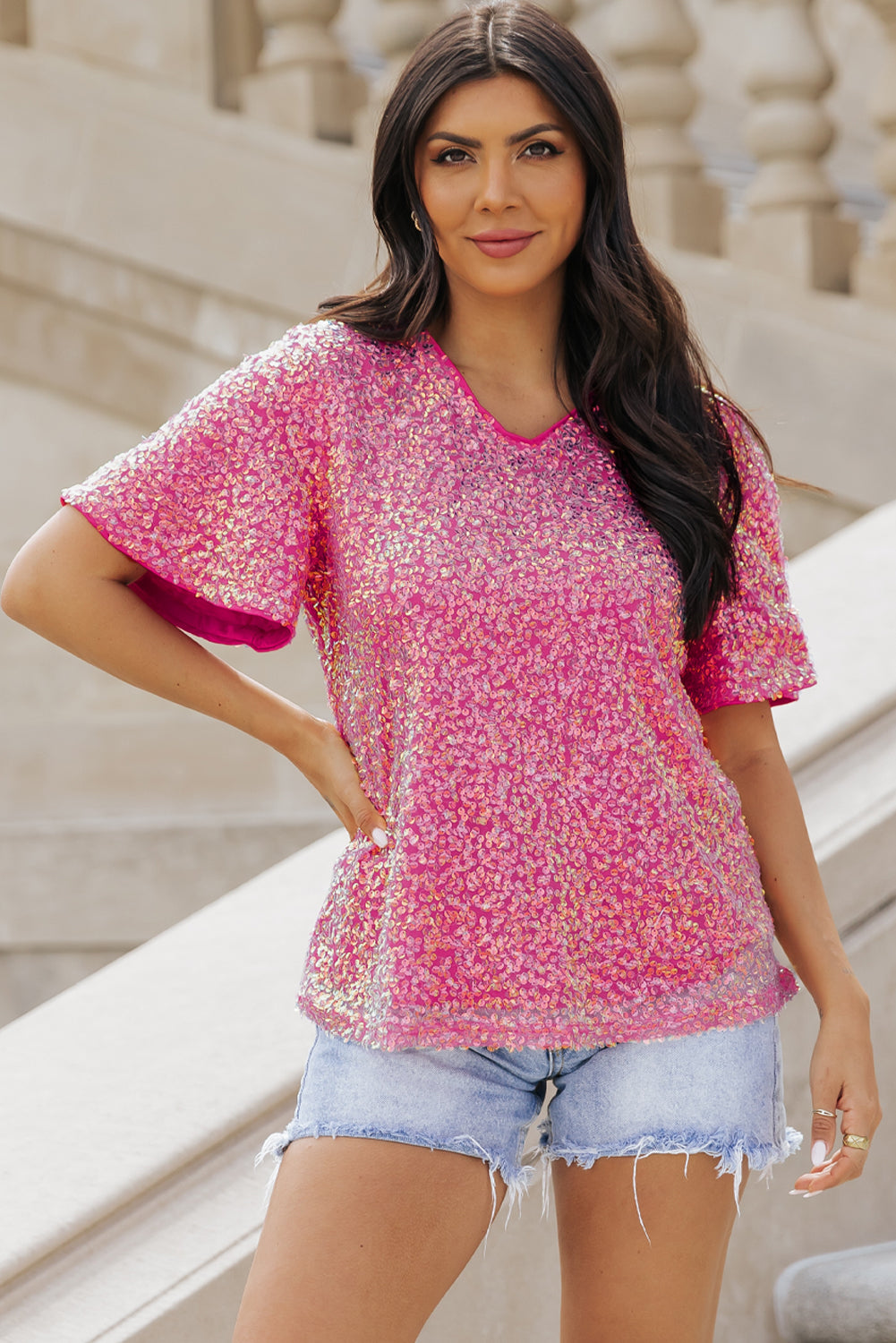 V Neck Wide Sleeve Sequin Top | Bonbon