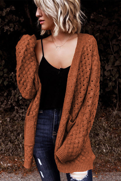 Open Front Woven Texture Knitted Cardigan With Pockets | Brown