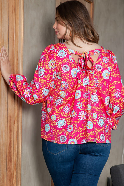 Pink Plus Size Square Neck Floral Blouse | Strawberry Pink