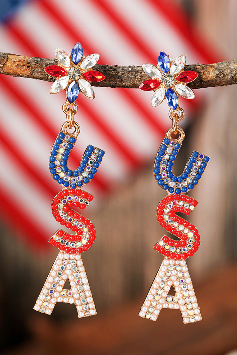 Beaded Rhinestone Colourblock Usa Earrings | Fiery Red