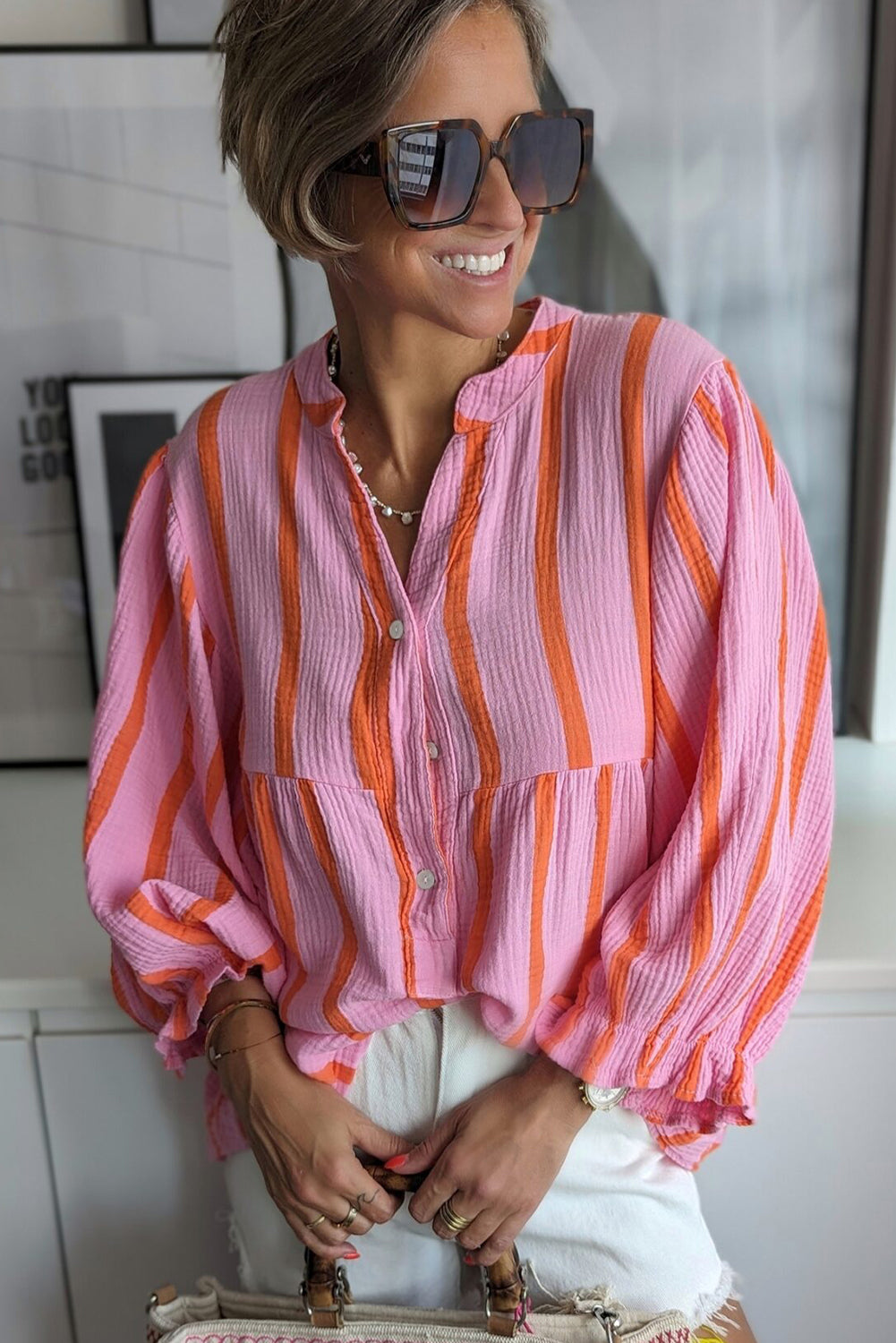 Crinckled Ruffled Sleeve Button Up Loose Shirt | Orange Stripe