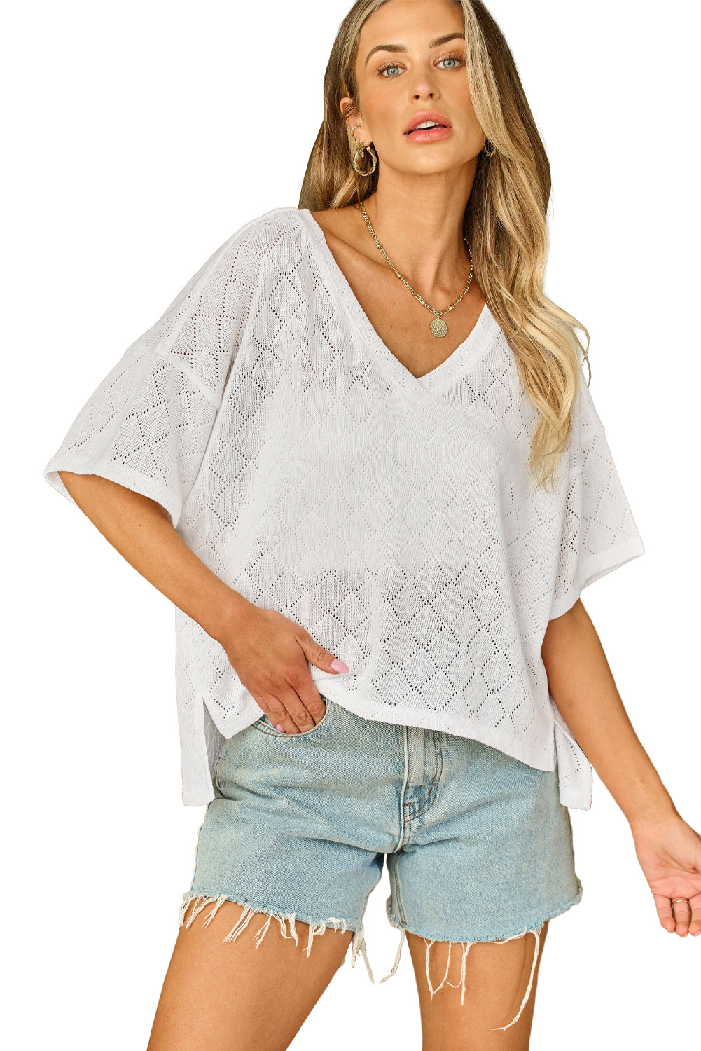 V Neck Knitted Flowy Blouse | White