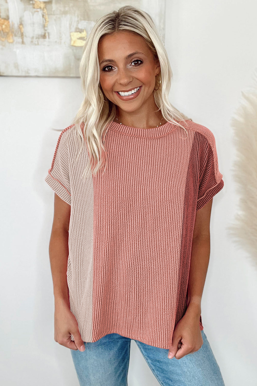 Textured Colourblock Crew Neck T Shirt | Apricot Pink