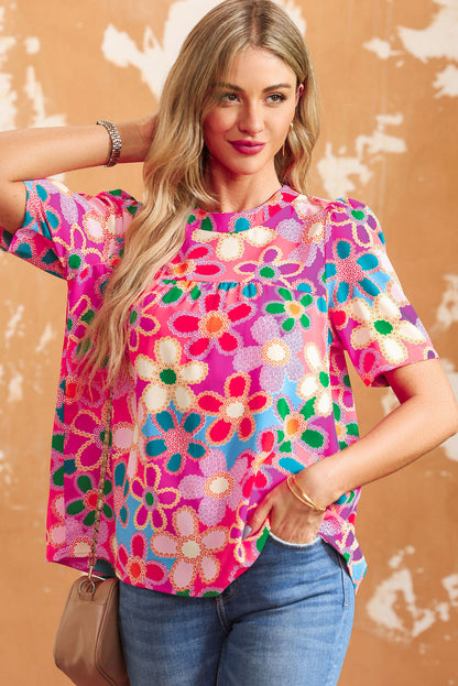 Boho Flower Print Puff Short Sleeve Top | Purple