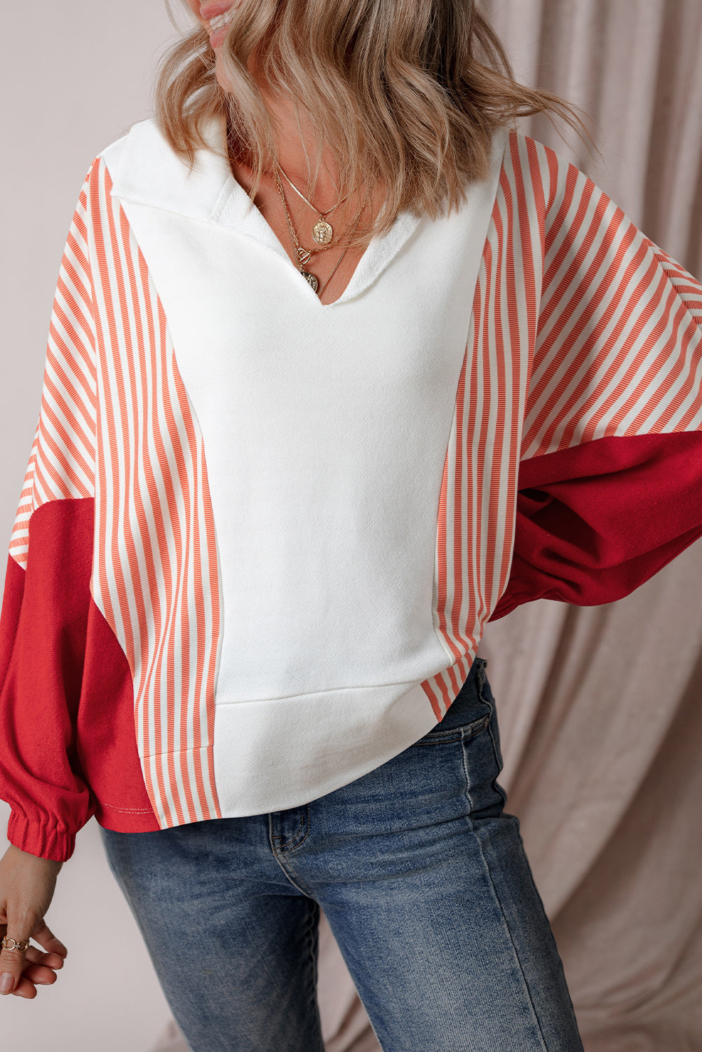 Striped Colour Block Collared V Neck Oversized Sweatshirt | White