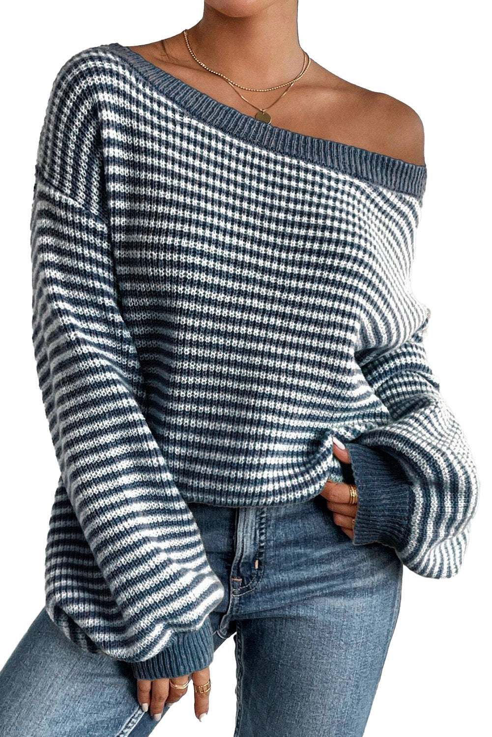 Striped Lantern Sleeve Drop Shoulder Cozy Sweater | Sail Blue