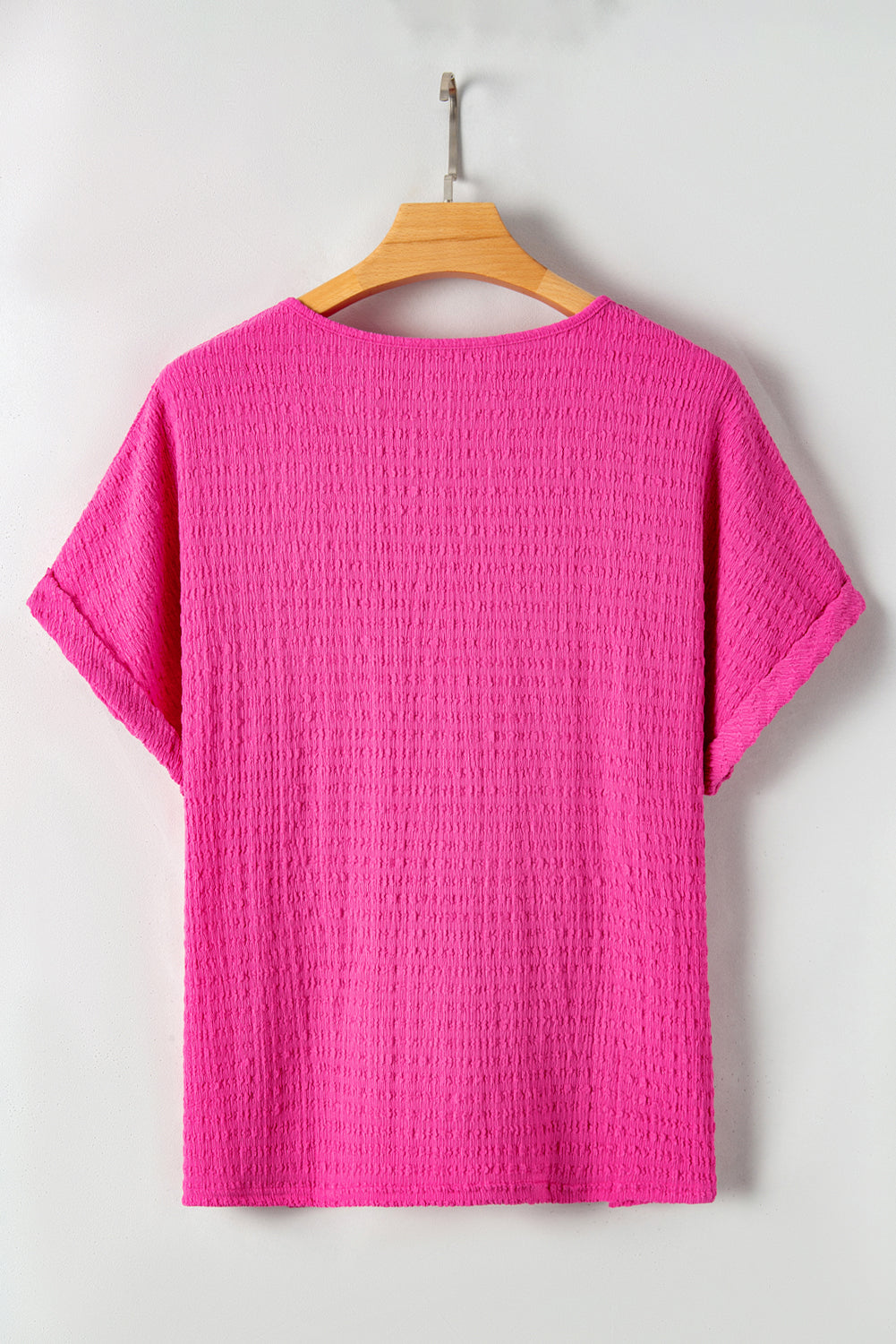 Plus Size Textured Folded Sleeve V Neck T Shirt | Bright Pink