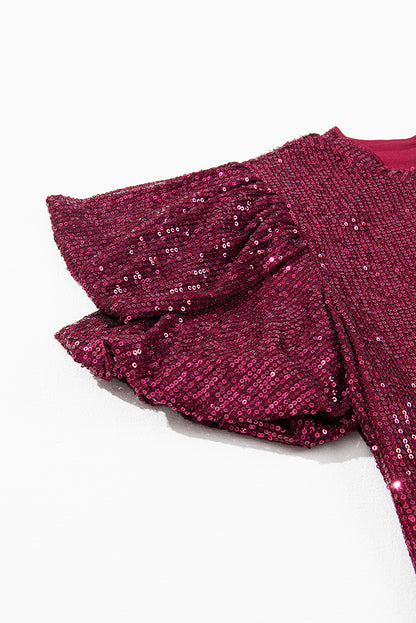 Glittering Sequin Short Bubble Sleeve Blouse | Burgundy