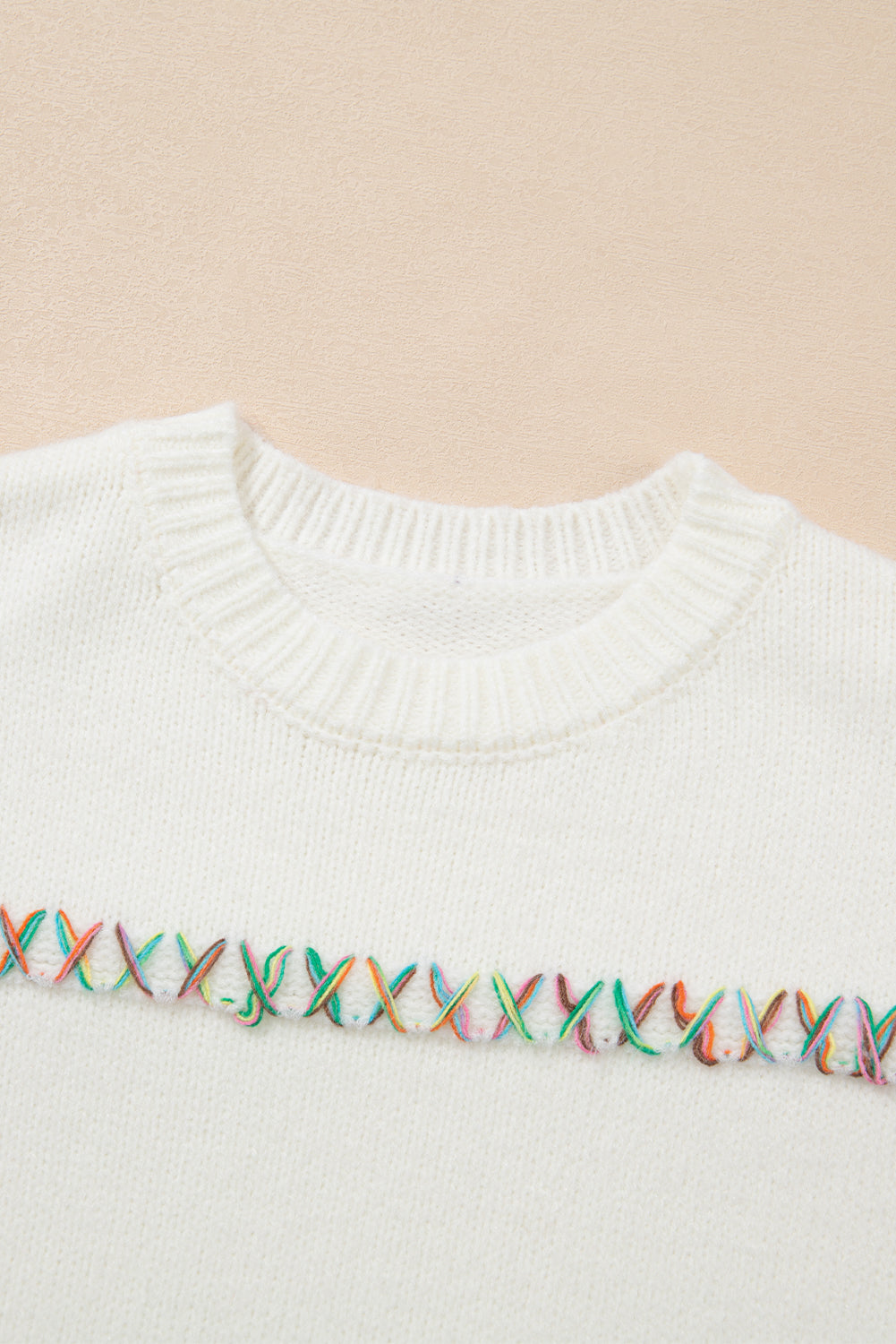 Colourful Crossed Stitch Drop Shoulder Sweater | White