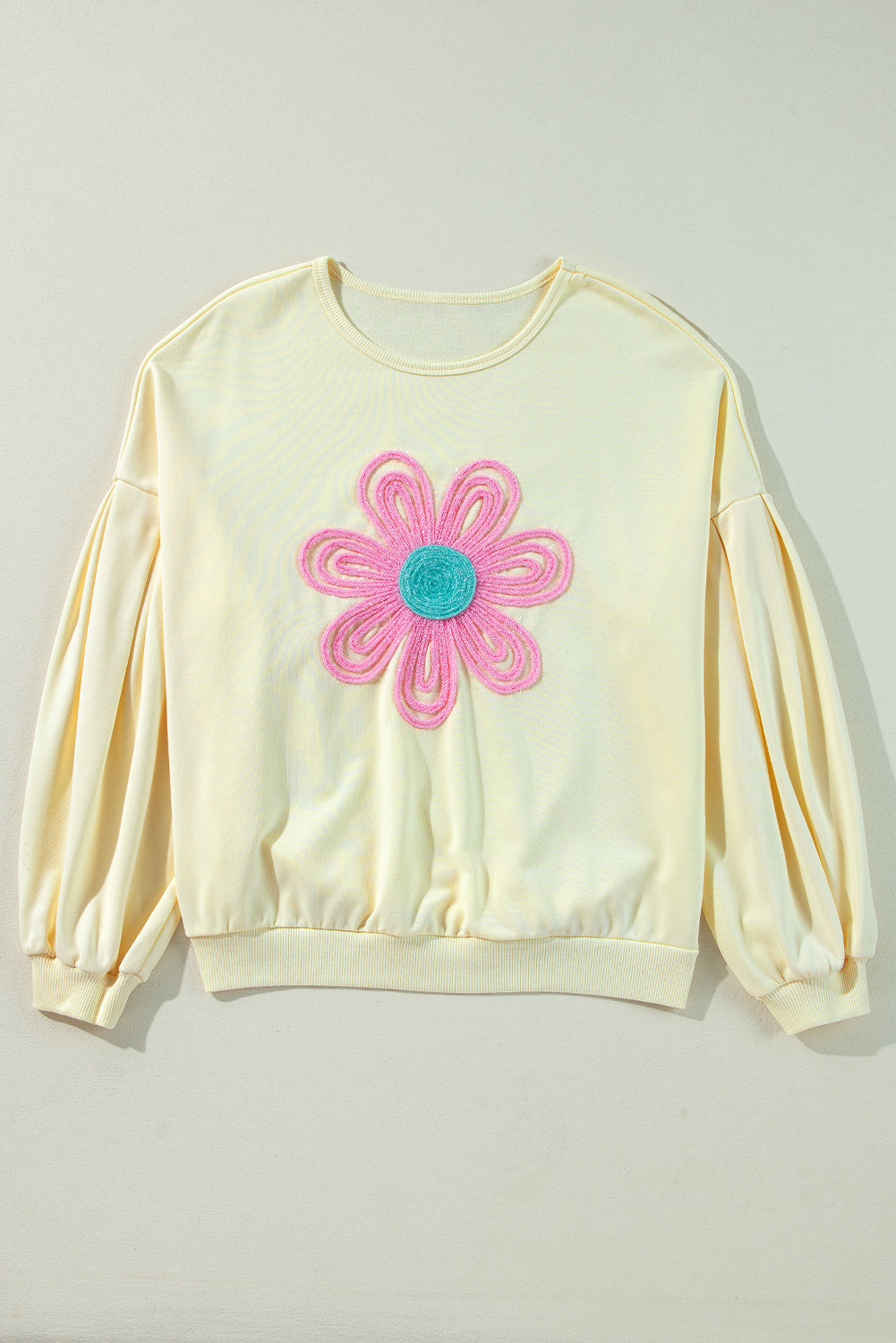 Tinsel Flower Dropped Puff Sleeve Sweatshirt | Beige